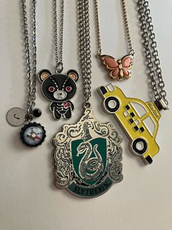 5 x Charm Pendant Necklace Lot - NY Cab Butterfly Harry Potter Slytherin Gloomy Bear Compass Jewelry