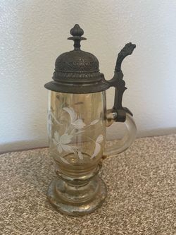 Vintage Etched Glass Beer Stein with Pewter Lid – German Style