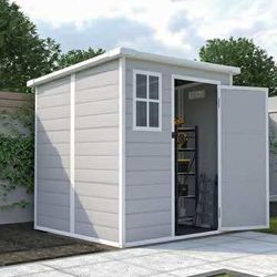 New in Box Resin Outdoor Storage Shed 6 x 6 FT Waterproof Shed Two Windows Floor Lockable Door
