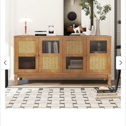 Retro 4-Door Sideboard with Large Storage Space and Rattan Doors for Home Entryway Decor