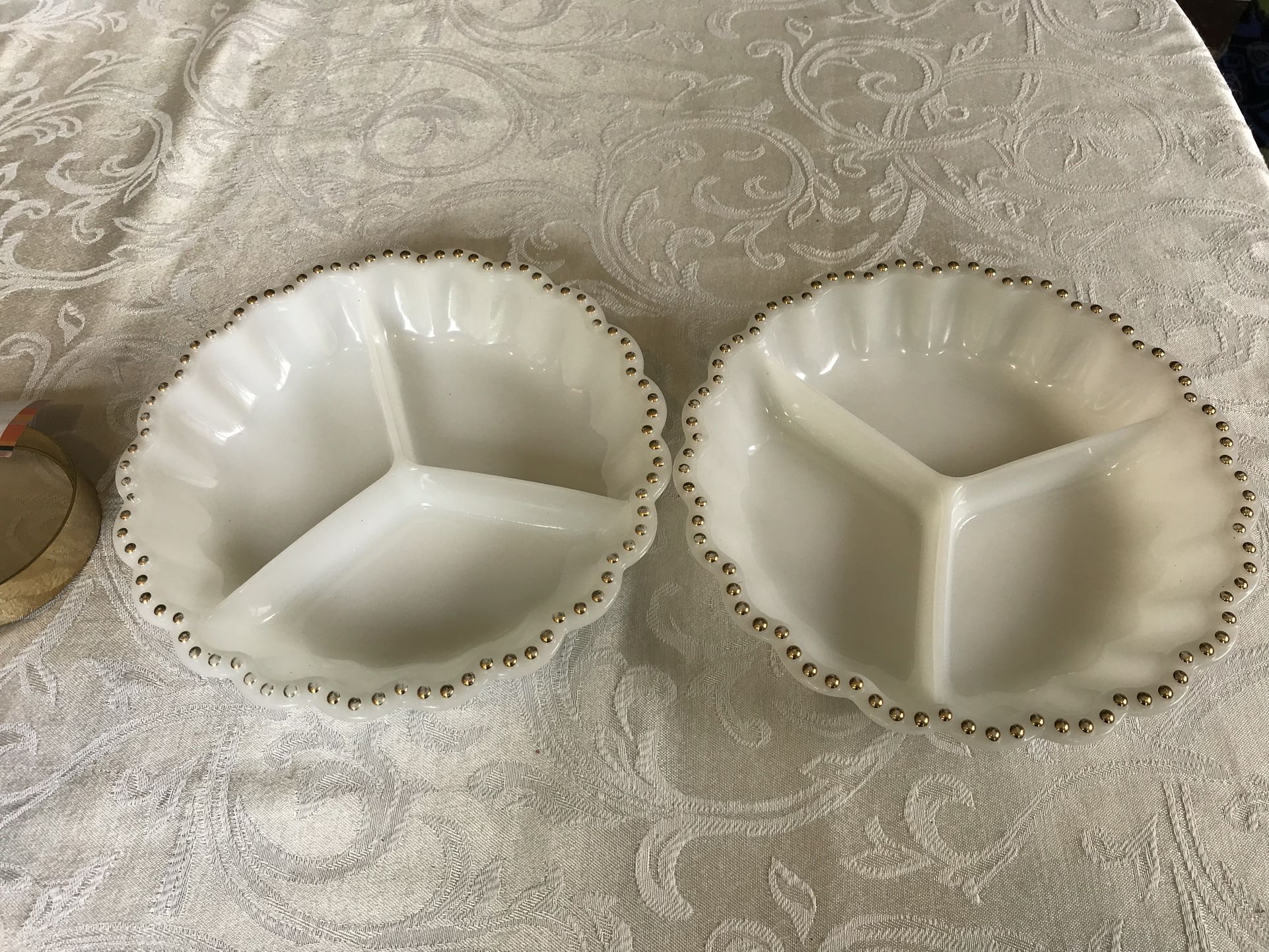 Anchor Hocking 1960’s Beaded Rim Milk Glass Dish With Dividers, Set of 2