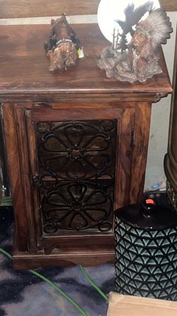 Rustic Solid Wood End Table Cabinet with Wrought Iron Door