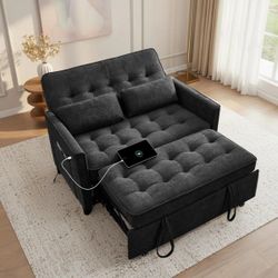 55" Velvet Foldable Sofa Bed with Adjustable Backrest and USB Port