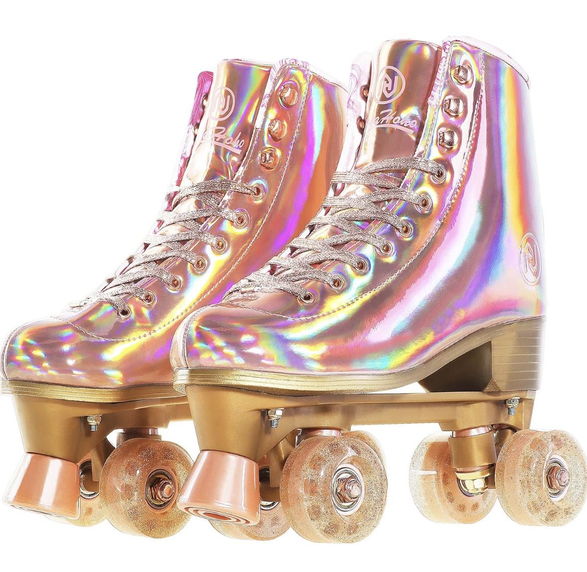 Roller Skates for Women, Holographic High Top PU Leather Rollerskates, Shiny Double-Row Four Wheels Quad Skates for Girls and Age 8-50 Indoor (Pink Ro