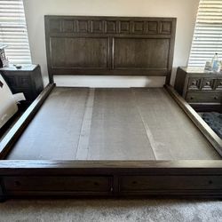 King Size Bed Frame W/Drawers And Matching Bedside Nightstands (2)
