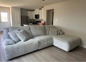 Large Gray Corduroy Sectional Sofa with Chaise