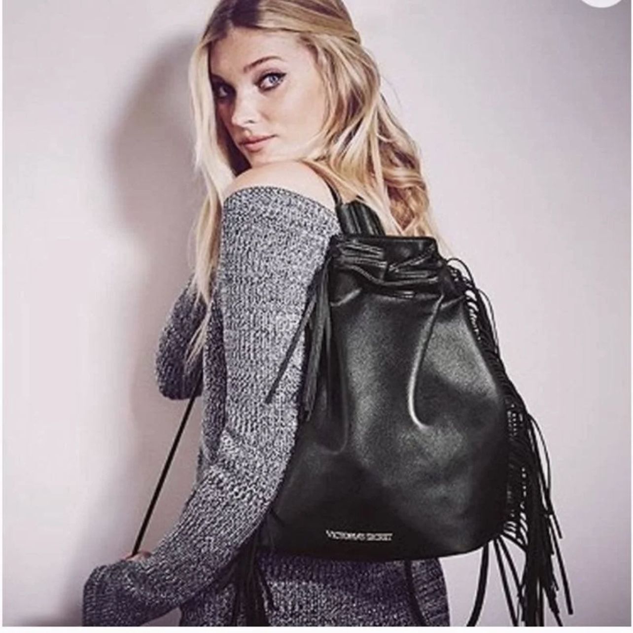 VICTORIA'S SECRET Black Faux Leather Fringe Bucket Backpack Limited Edition