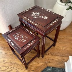 Vintage Set 2-Chinese Ming Style Carved Rosewood Mother of Pearl Nesting Tables Antique Small Inlayed Collectible Night Stands Accent Tables SMALL Spa