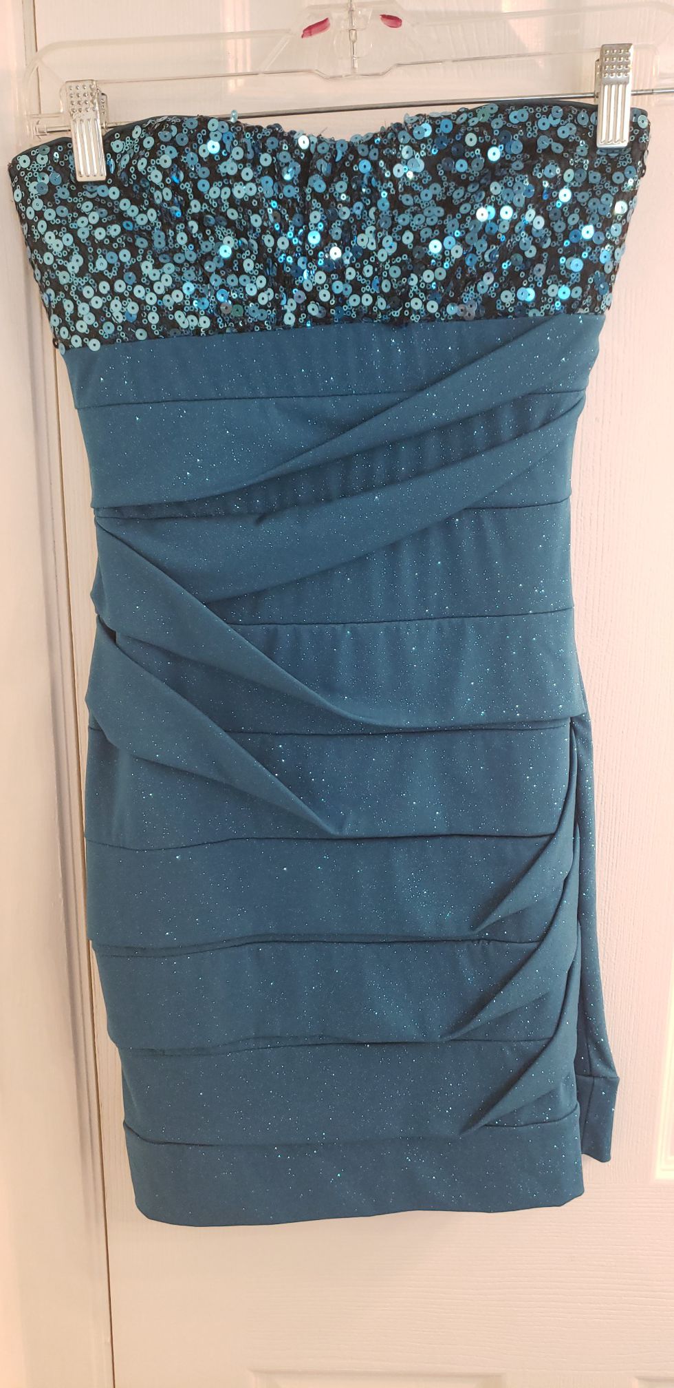 Ruby Rox strapless dress. Size S, Blue with blue sequin bust, pleated front, lined