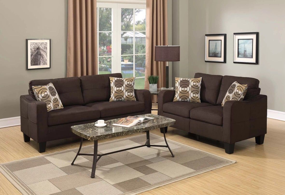 🚩 Sofa Set 2 Pc, Upholstery Polyfiber Linen-Like Fabric, Chocolate Color, New In The Box.