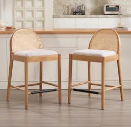 Mid-Century Bar Stools Set of 2, 30 Inch Counter Height Rattan Back Linen Barstools Comfy Upholstered Bar Chairs with Wooden Legs for Kitchen Dining R