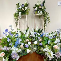 Wedding Ceremony Florals – 10 Lush Woodland Arrangements + 2 Rose-Gold Columns