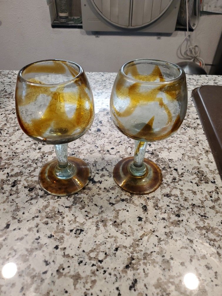 2 Amber Swirl Handblown Wine Glasses
