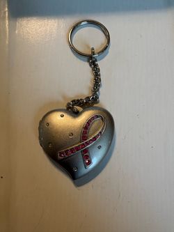 Avon Breast Cancer Crusade Silver Heart Locket Keychain Pink Ribbon