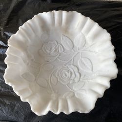 Vintage Imperial Satin Glass Bowl White Roses MCM