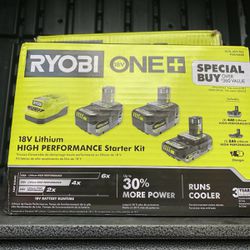 Ryobi ONE+ 18V Lithium-Ion HIGH PERFORMANCE Starter Kit with 2.0 Ah Battery, (2) 4.0 Ah Batteries, and Charger