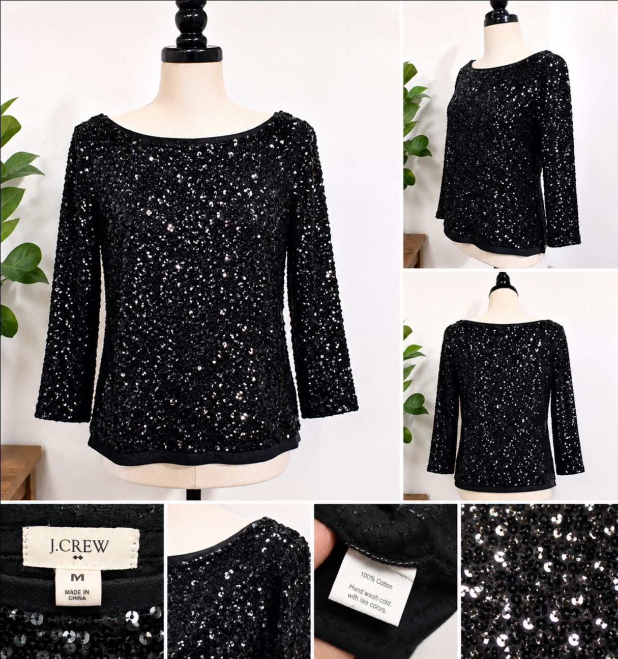 J.Crew Black Sequin Party Top Size M Long Sleeve Sparkly Blouse