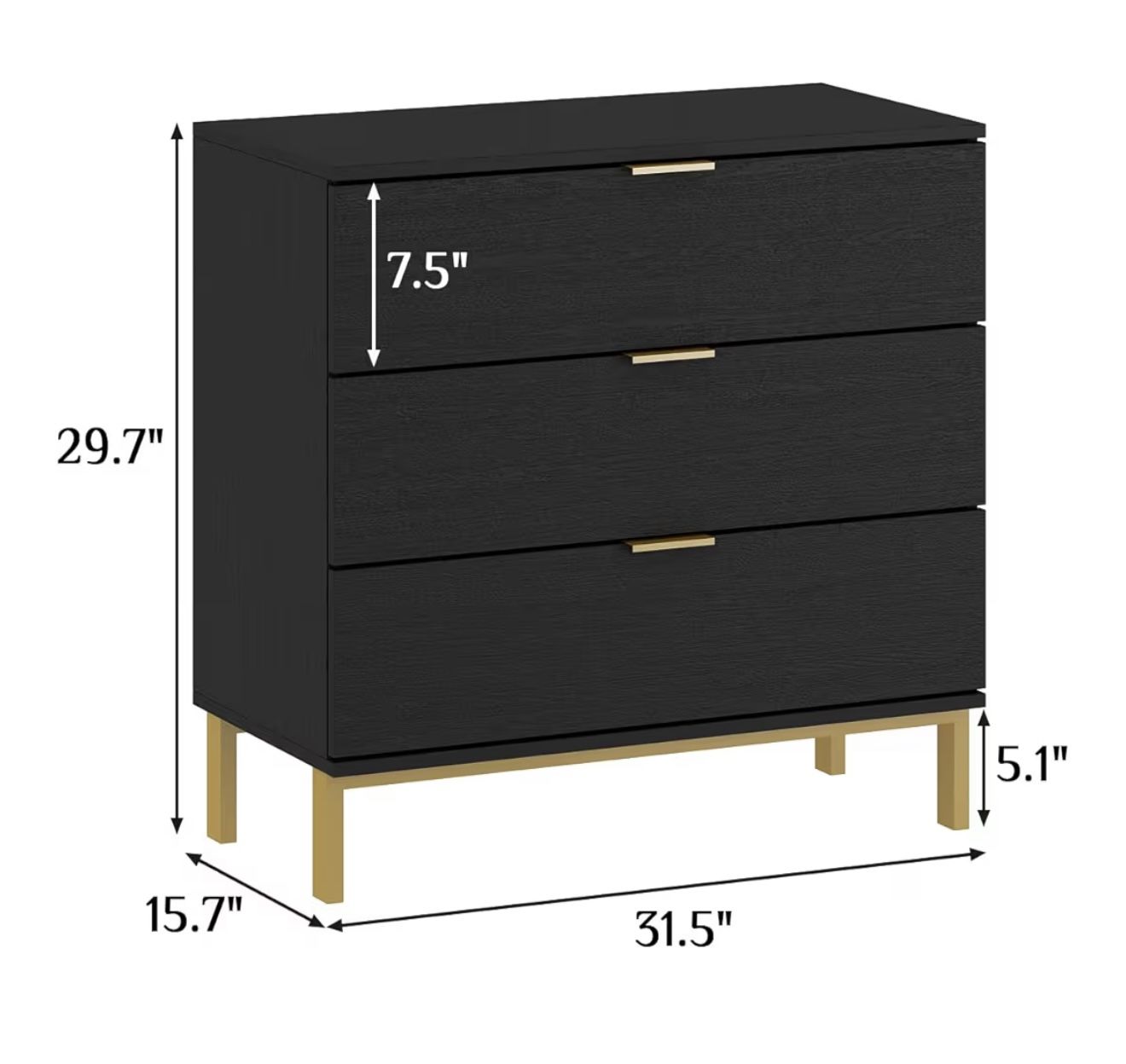 Black Nightstand with 3 Drawers, Modern Night Stand Bedside Table with Drawers and Golden Legs, Wide End Table for Small Space, Living Room, 29.7" H
