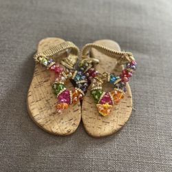 Sparkly Rainbow Beaded Summer Sandals With Elastic Band