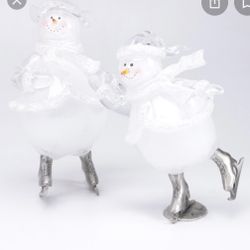 Vintage Acrylic Snow Woman Pewter Skates, Snowman Figurine, Christmas Ornaments 