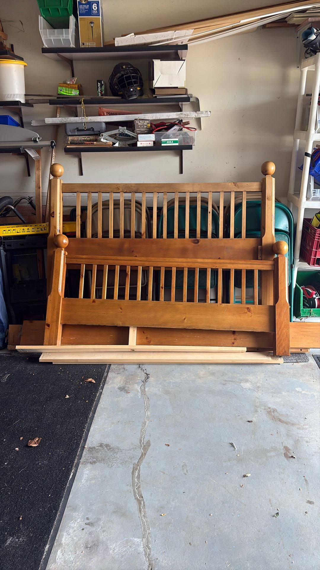 Queen size bed frame with side rails and braces. Solid wood.