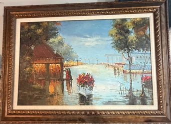 Vintage J. Bardot Original Oil Painting Paris Street Scene Mid Century, Framed Parisian Impressionist Flower Market Impasto Canvas Wall