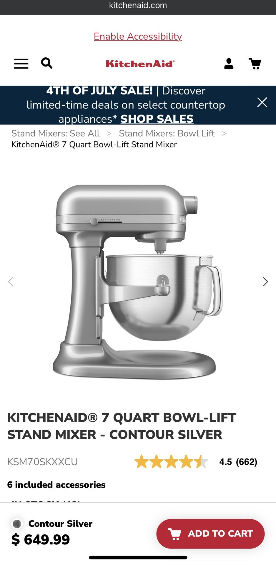KITCHENAID® 7 QUART BOWL-LIFT STAND MIXER - CONTOUR SILVER