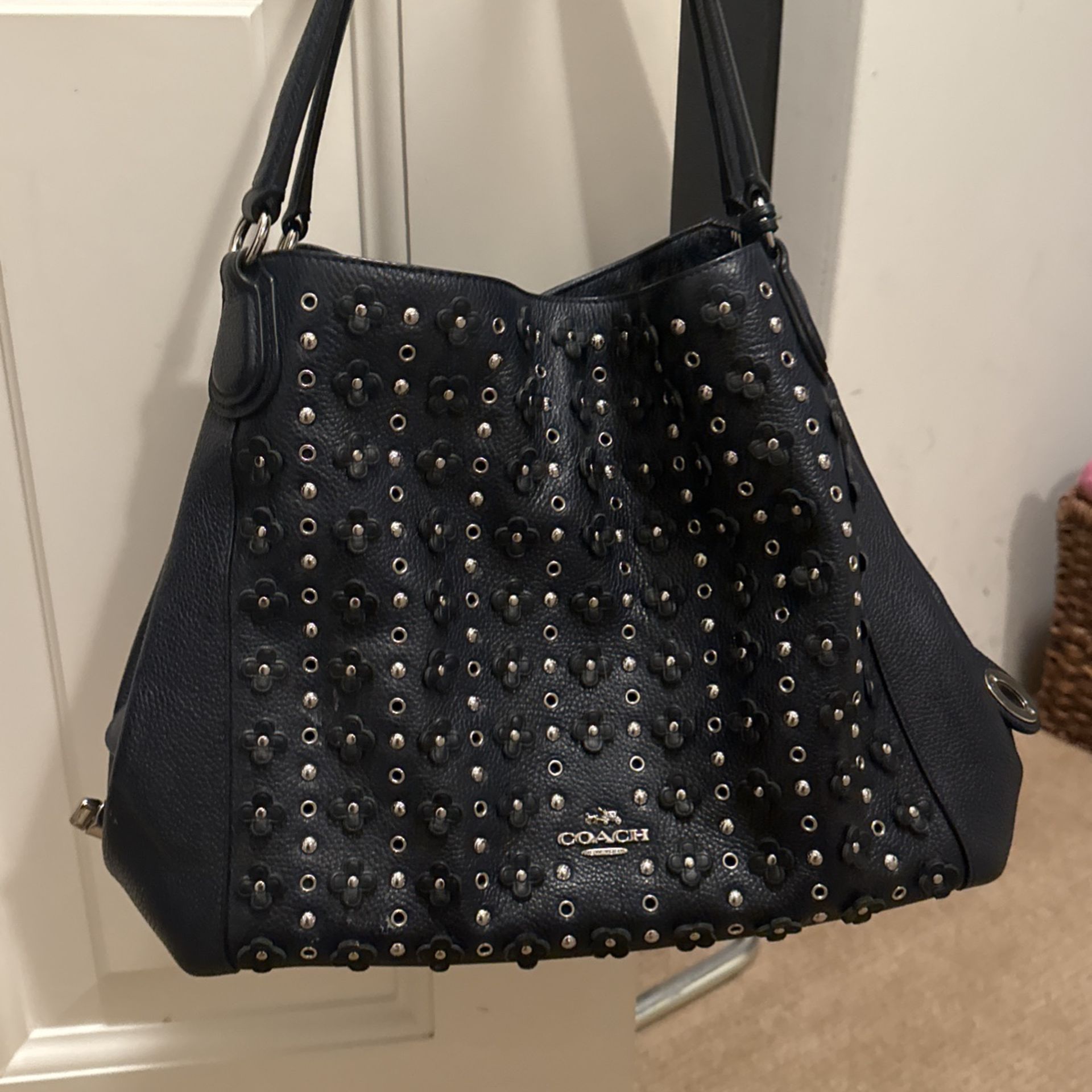 Large Navy Coach Bag With Flower Grommets 