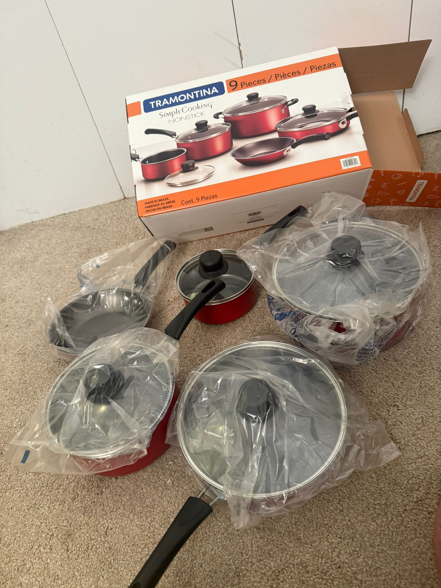 9-Piece Non-stick Cookware Set, Red/ pots,pans lids new non stick/ stackable / stainless steel / New - sealed packaged Pick up only Aldine and br