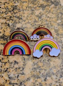 4-Piece Rainbow Enamel Pin Lot - Cute Smiling Clouds & Pastel Rainbow Lapel Pins