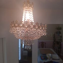 Swarovski Gold Crystal Chandelier, Not Crooked, Ceilings Are High & Pic Was Taken As I FELL OFF the Chair 