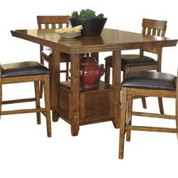 Counter height 5pc dining set solid wood medium brown 42-60”table (leaf included) and 4 matching chairs
