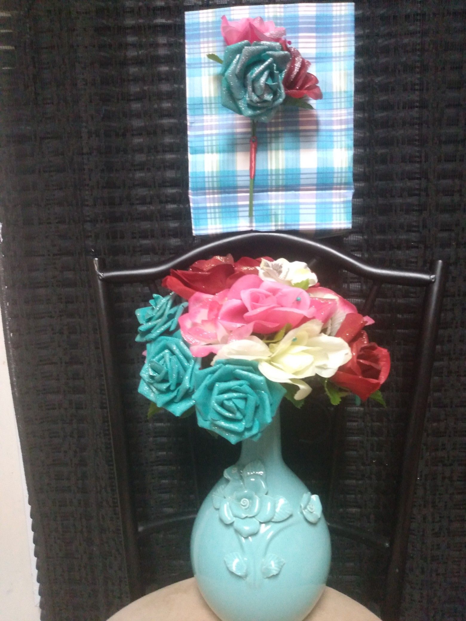 $50 beautiful Red, Pink, Teal, Cream roses In a very gourgous Shabby chic style teal color vase with matching boutonniere, Locations Solon, Garfield.