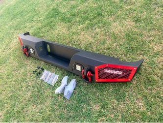 JT Full Width Rear Bumper Compatible with 2020–2026 Jeep Gladiator JT 2/4 doors Pickup Bumper with 4 x 18W LED Lights, Sensor Holes, Paintable Armor, 