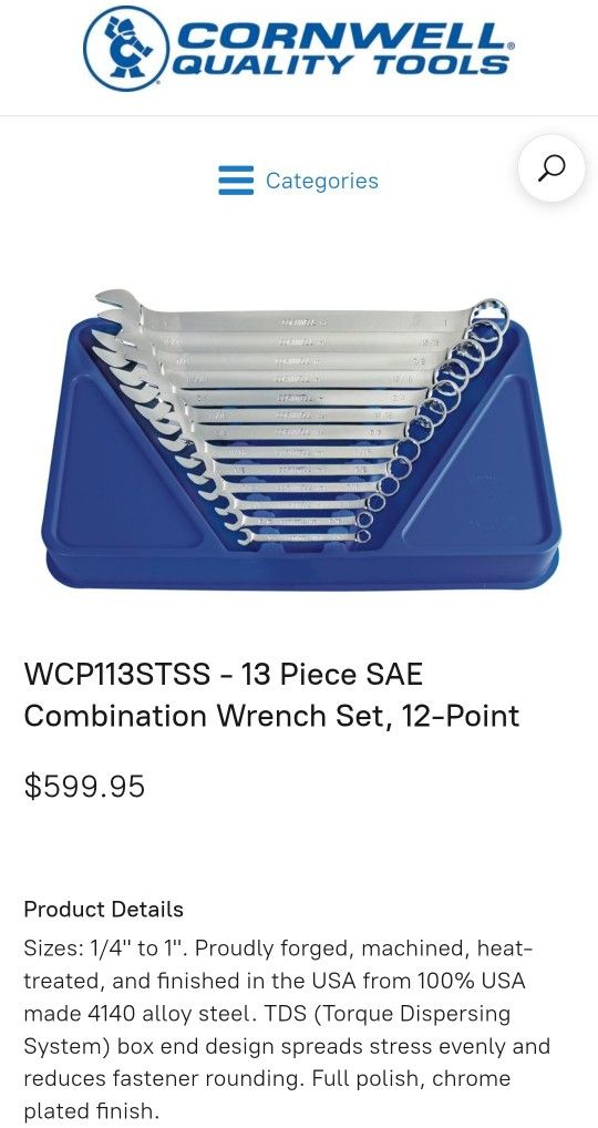 Cornwell WCP113STSS - 13 Piece SAE Combination Wrench Set, 12-Point ***FIRM ON PRICE***