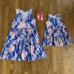 Lilly Pulitzer Mom and Mini Daughter Matching Dresses Borealis Blue Swim On Over