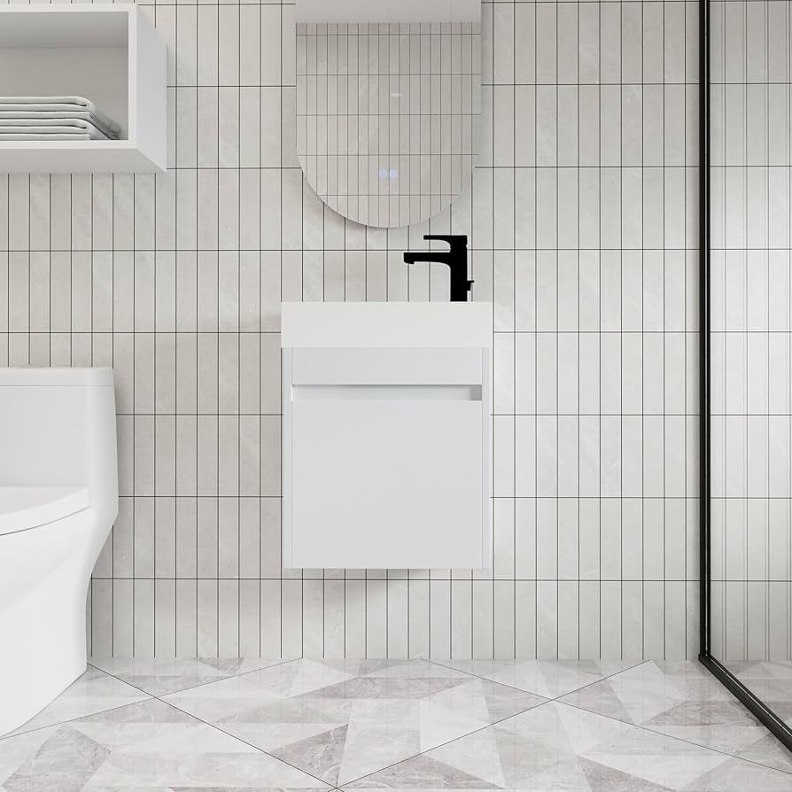 18 Inch Bathroom Vanity with Sink, White Modern Wall Mount Floating Vanity Set with Soft-Closing Door and Ceramic Basin, Contemporary Styling for Eleg