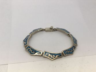 Vintage Solid Sterling Silver Taxco Mexico Turquoise Inlay Bracelet