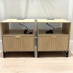 New Set of 2 Fluted Nightstands with Charging Station, Large Drawer & Open Storage Nightstand