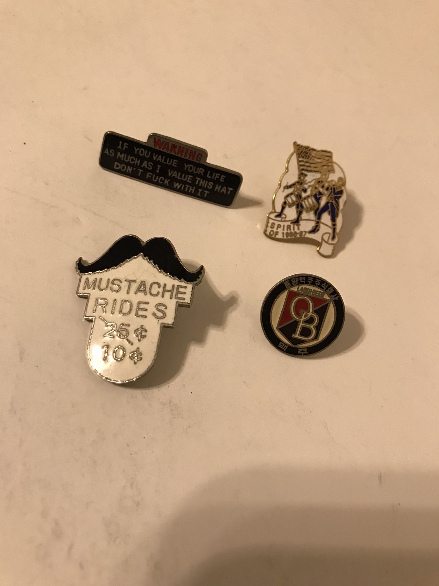 Set of 4 Vintage 1986-87 Pins: 1 Mustache Rides 1 OB Lager Beer & 2 More