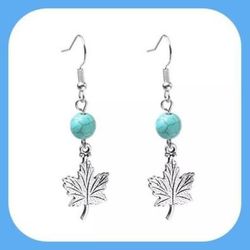New Pretty Maple 🍁 Leaf Turquoise Bead Dangle Earrings