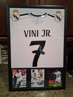 VINI JR REAL MADRID, BRANDED,AUTHENTIC FRAMED JERSEY.