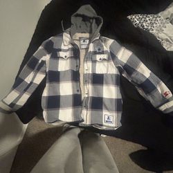 This is a Starter Dallas Cowboys Men's Flannel Sherpa Shacket in navy and white plaid