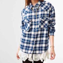 BDG Urban Outfitters Blue And White Plaid Flannel Lace Petticoat Shirt Size M