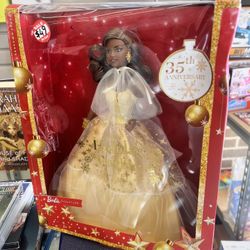 Holiday Barbie Doll, Seasonal Collector Gift, Golden Gown and Dark Brown Hair, New in Box 