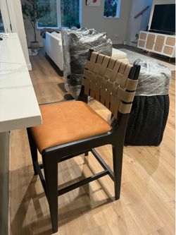 West Elm Dunham Counter Stools (Set of 3) – Like New | Woven Back & Saddle Leather