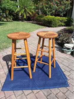 PAIR- Vintage Mid century minimalist wooden minimalist bar stool with woven cane seats - excellent