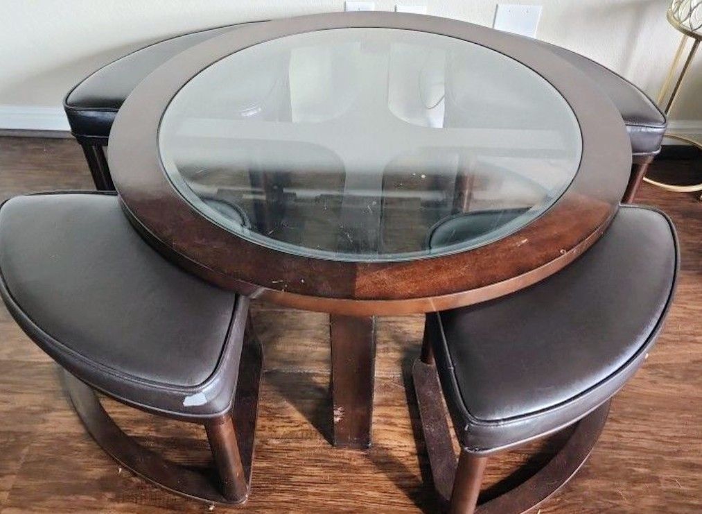 Dark Walnut Round Coffee Table w/ 4 Stools