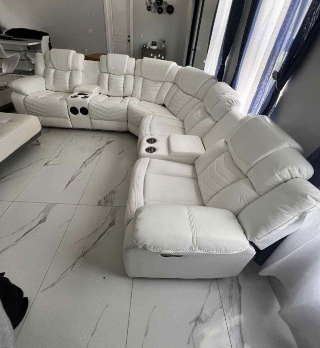White Sectional Leatherette, LED Lights, Bluetooth Speakers, USB Ports, Storage Recliners XL