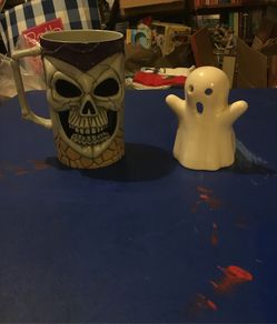 2 Skull cups, ghost candle holder, and skull necklace and bracelet